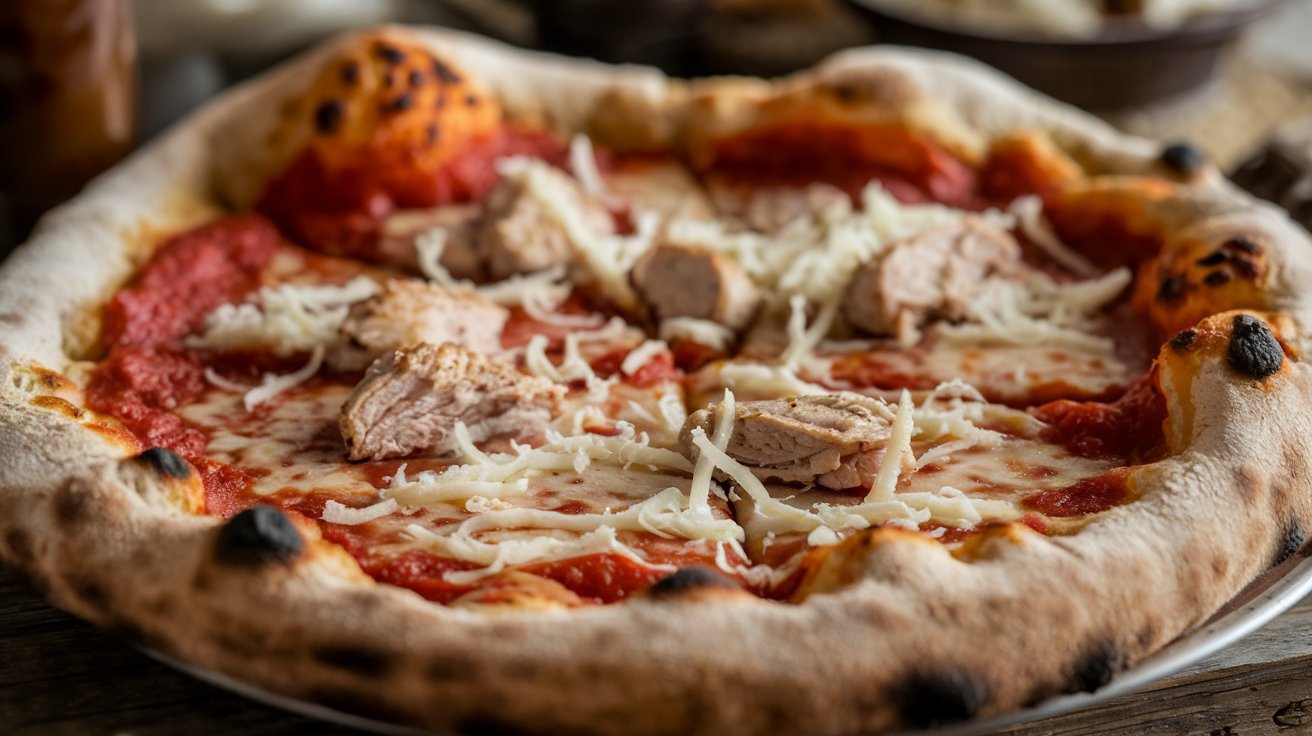 Homemade chicken pizza crust topped with fresh ingredients