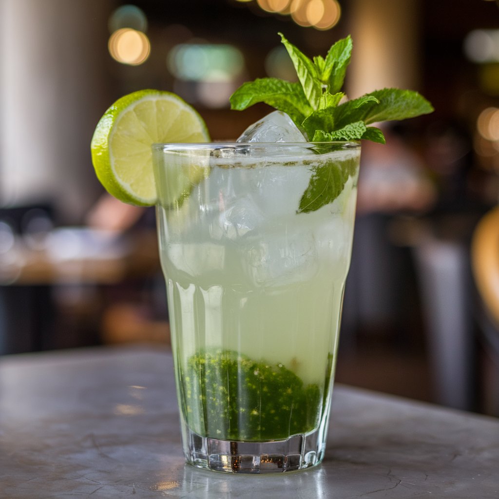 Glass of mojito with mint and lime, showcasing a refreshing cocktail mix