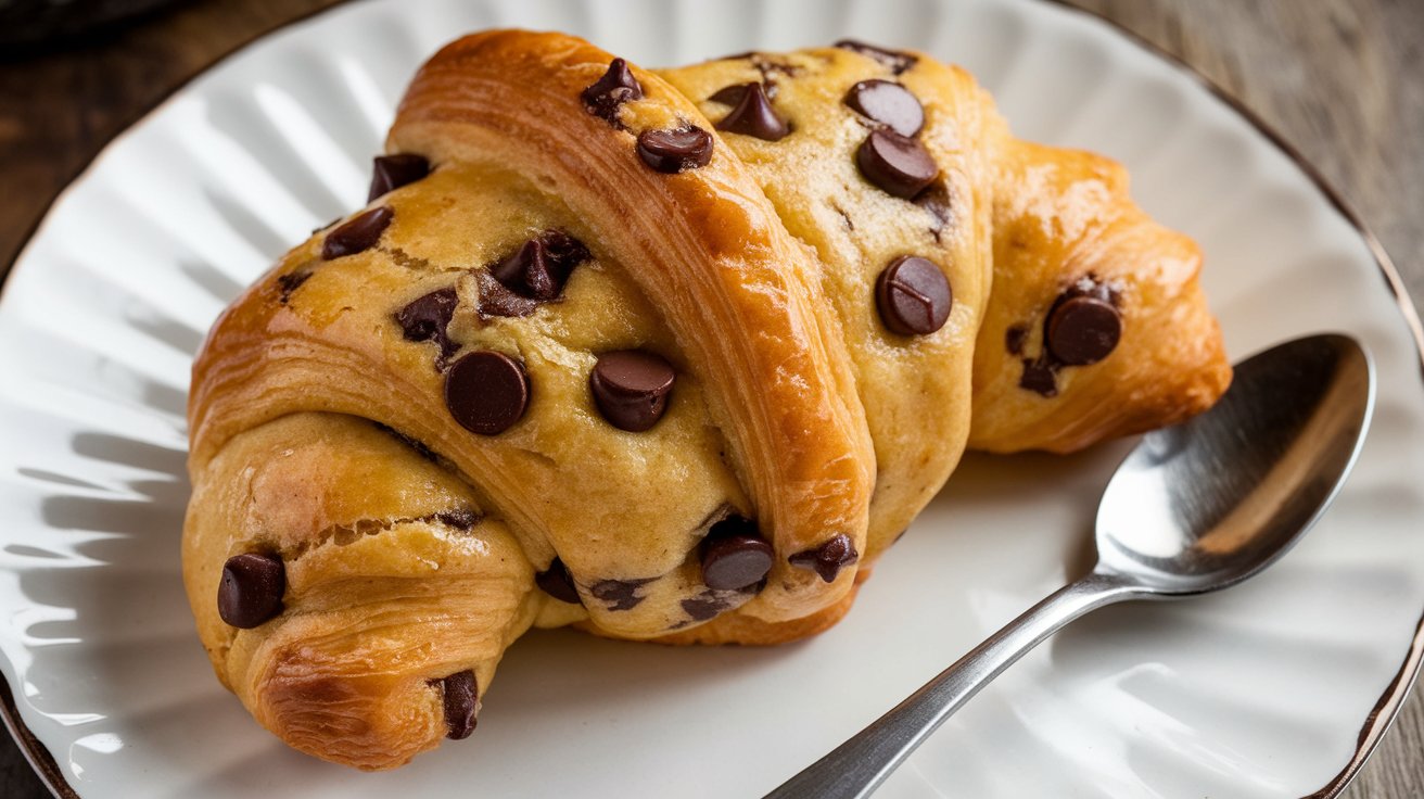 A close-up of a flaky Crookie with a sweet cookie filling, showing the delicious layers and texture of this hybrid pastry.