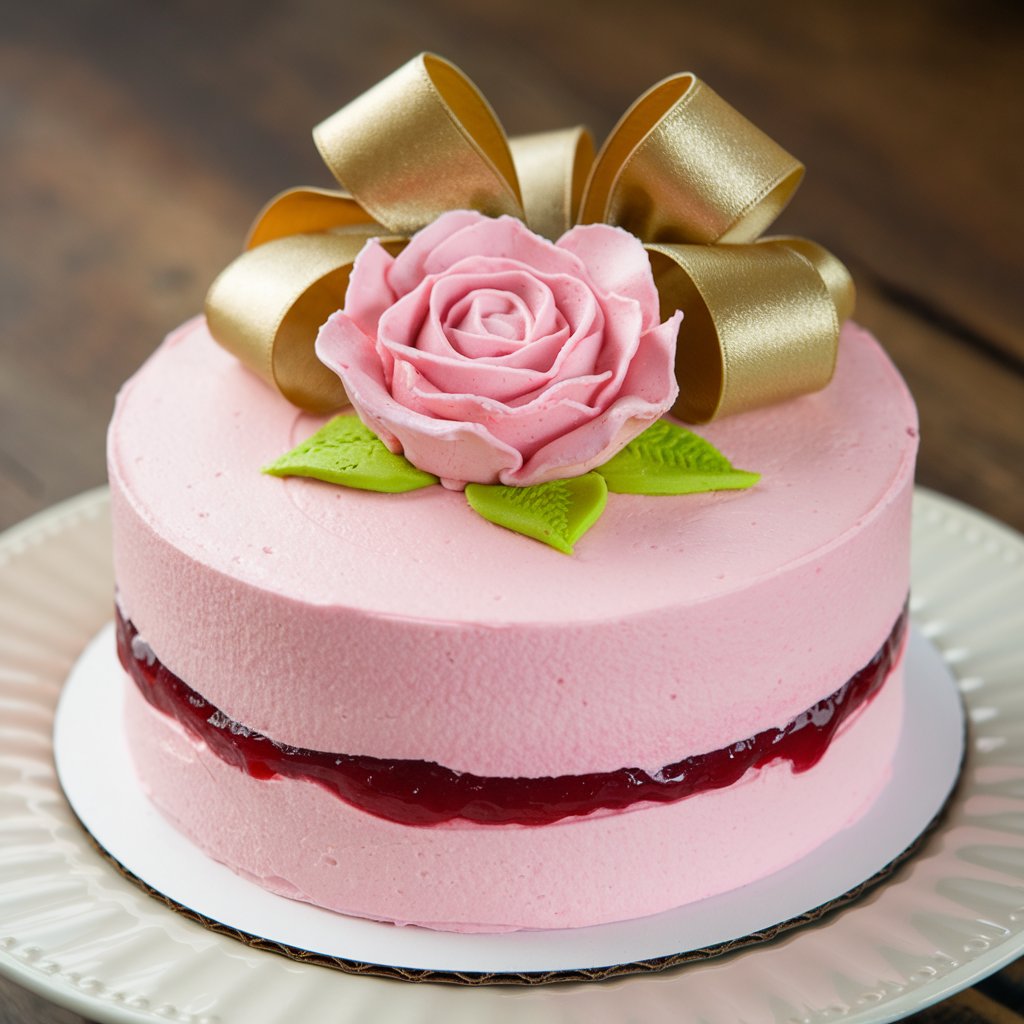 A classic Pink Princess Cake covered in marzipan with a pink rose on top.