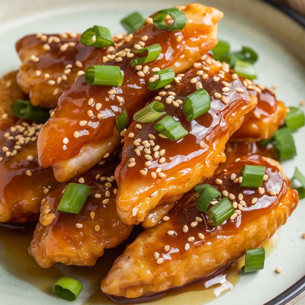 Crispy honey garlic chicken strips on a plate with dipping sauce