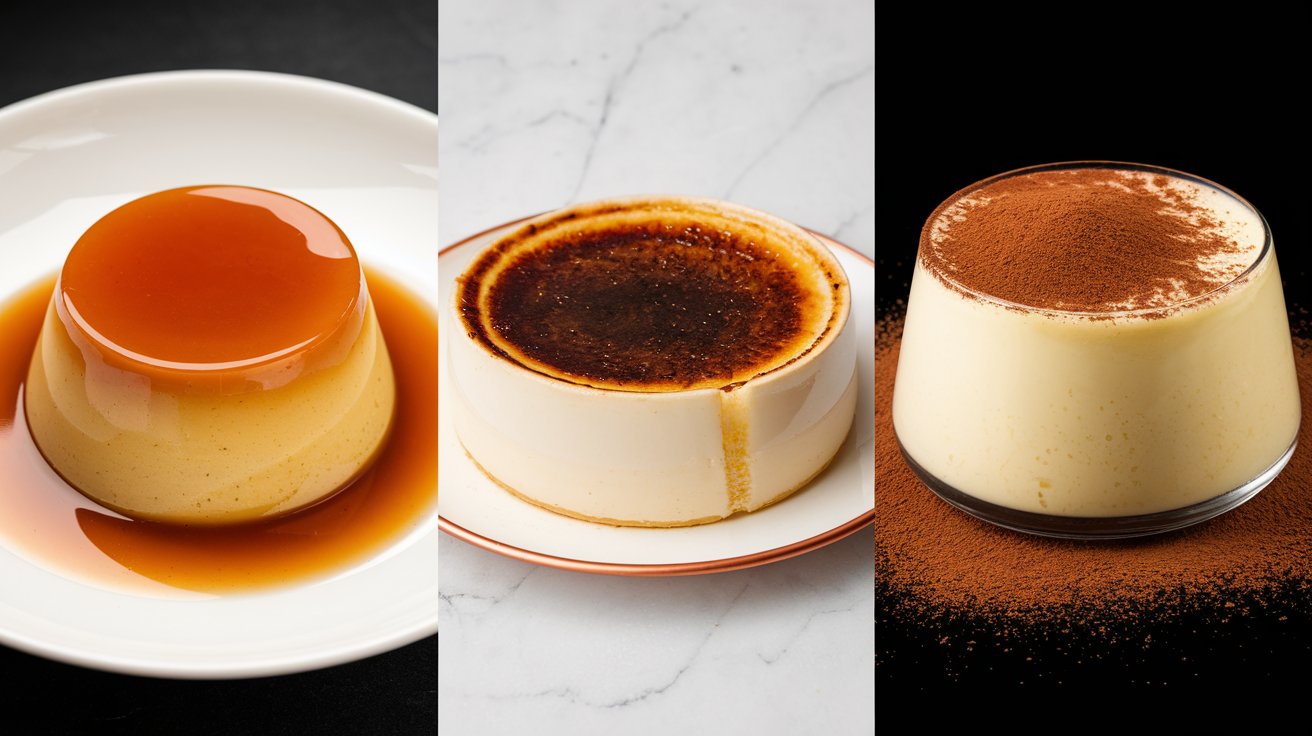 Comparison of flan, crème brûlée, and panna cotta desserts on a plate