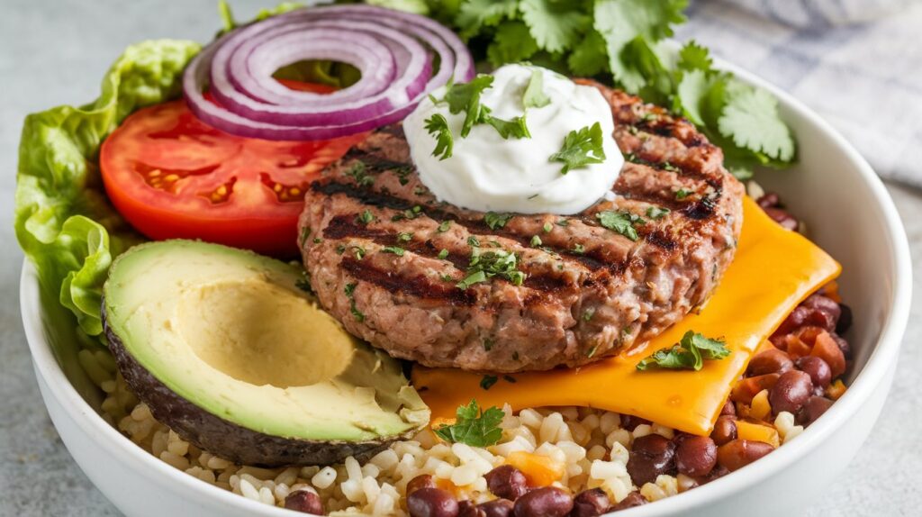 Healthy and delicious burger bowl recipe with fresh vegetables and special sauce.