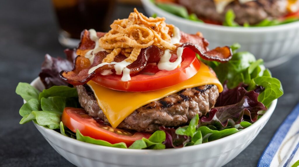 A delicious healthy burger with lean meat, whole grain bun, and fresh vegetable toppings.