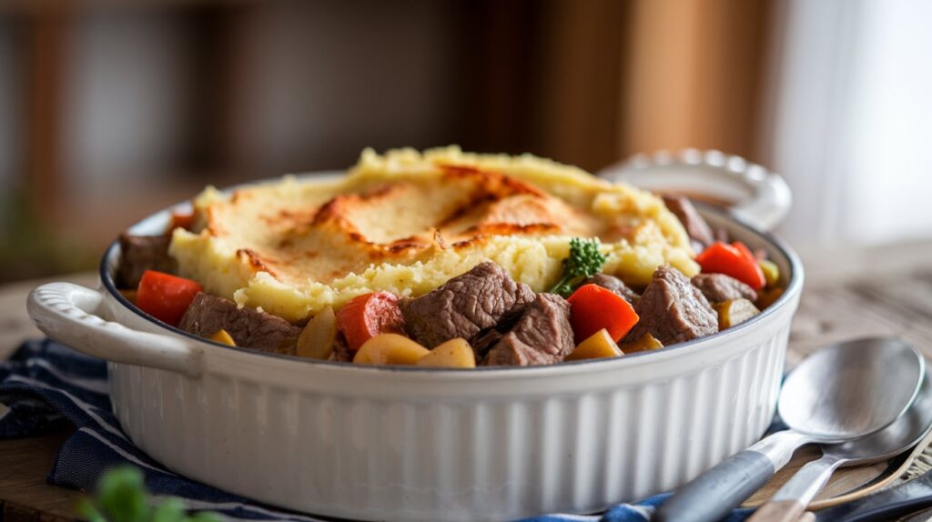 Cowboy casserole with ground beef, tater tots, and melted cheese