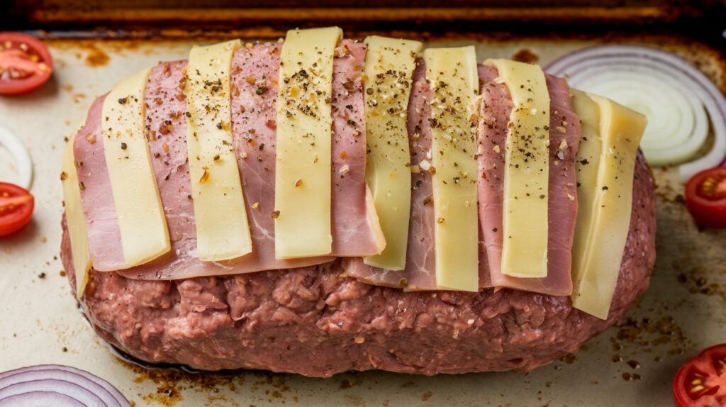 Sliced chicken cordon bleu meatloaf with ham and melted cheese filling.