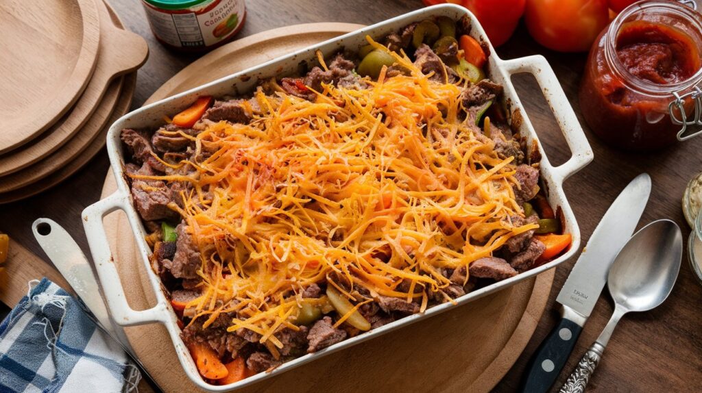 Cattle Drive Casserole with cheesy top layer and seasoned ground beef, perfect for family dinner.