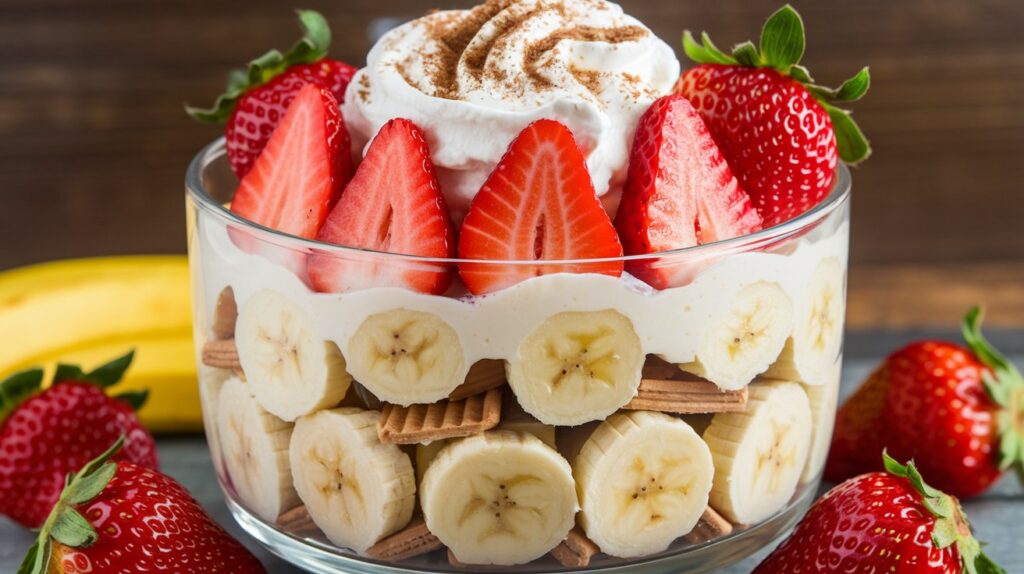 Banana pudding recipe with strawberries in a glass trifle dish, topped with whipped cream and fresh strawberry slices.