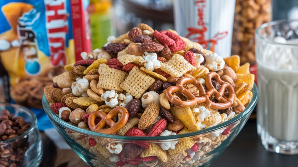 A bowl of homemade oven-baked Chex Mix with pretzels, nuts, and seasoning, showing the crunchy texture of the snack.