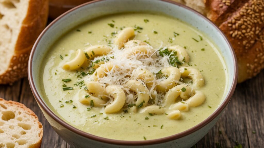 Bowl of creamy celery soup with macaroni pasta