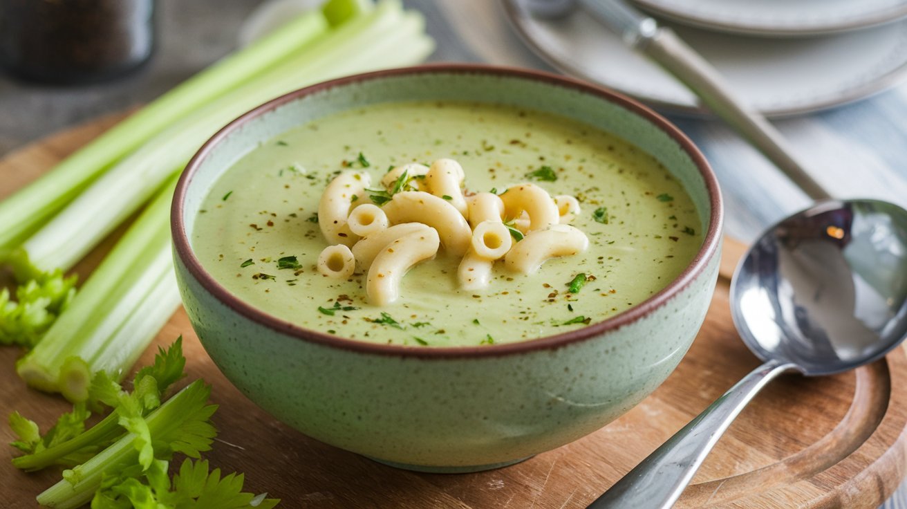 Cream of celery soup stored in an airtight container in the fridge.