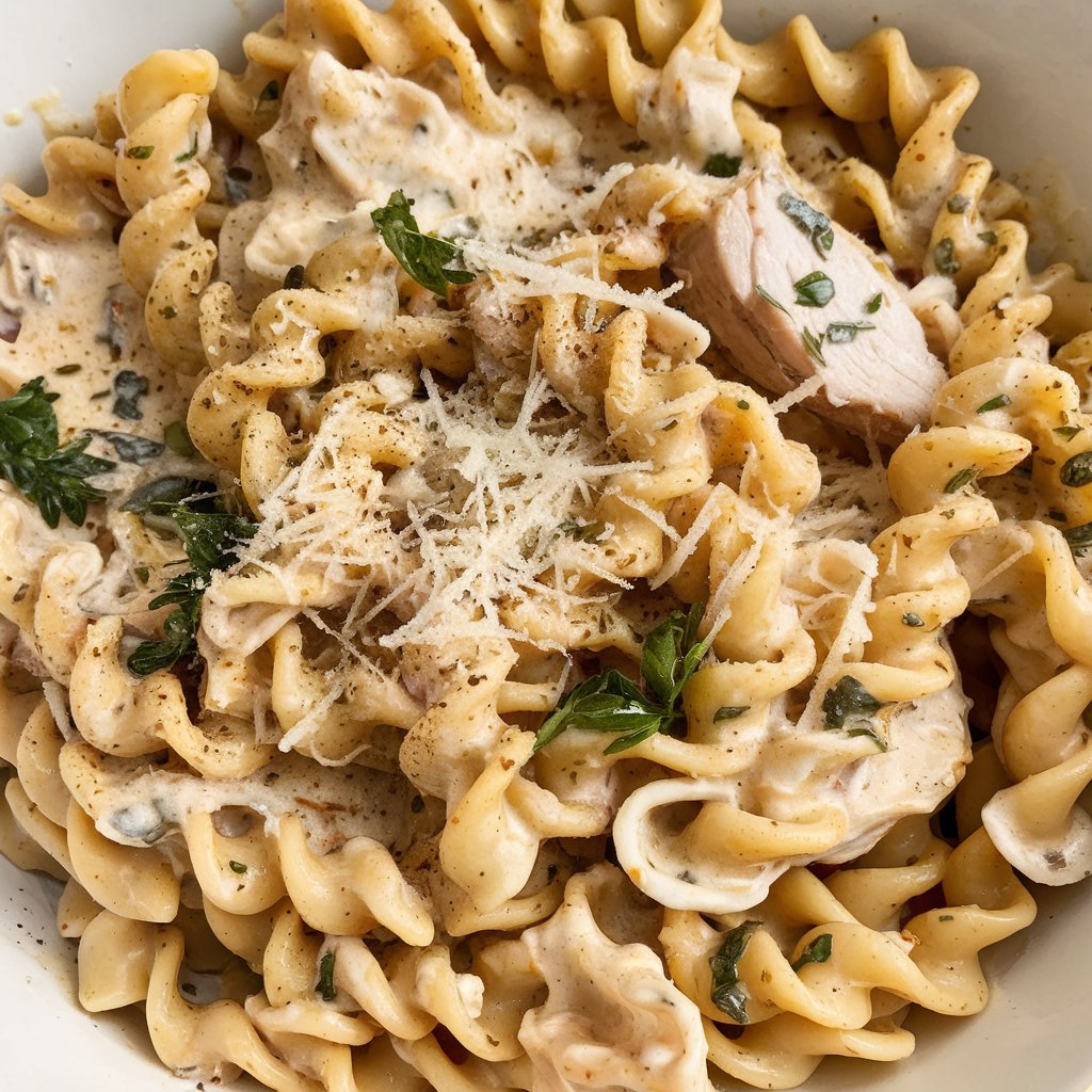 A bowl of ditalini pasta with vegetables and creamy sauce.