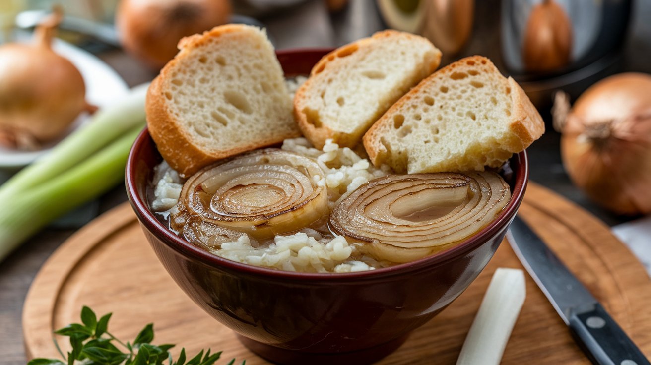 Rich and flavorful French onion soup topped with melted cheese and toasted bread.