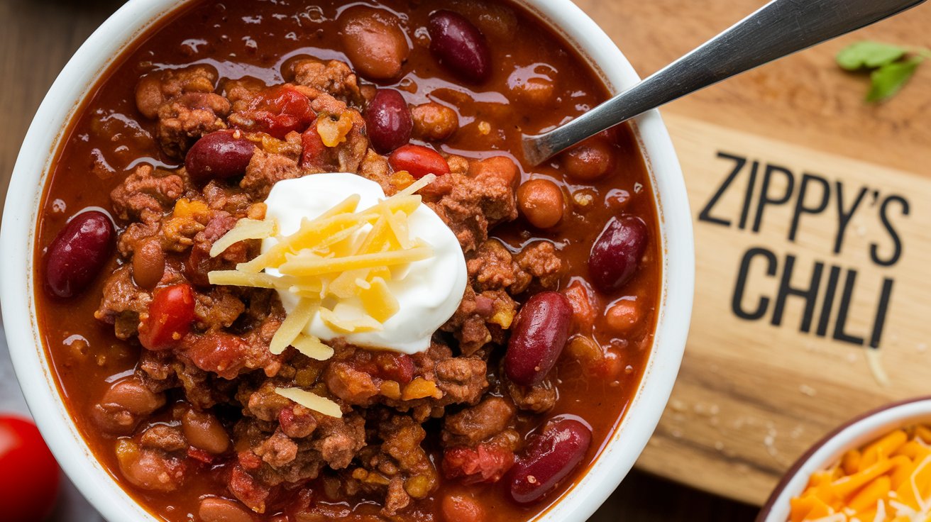 A bowl of Zippy's chili made of beans, sausage, and vegetables served over rice.