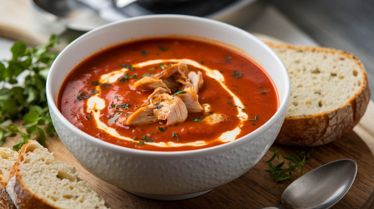 Bowl of smoky chicken tomato bisque with cream and herbs