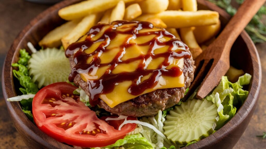 A delicious deconstructed burger bowl filled with fresh vegetables, lean meat, and topped with cheese and avocado slices.