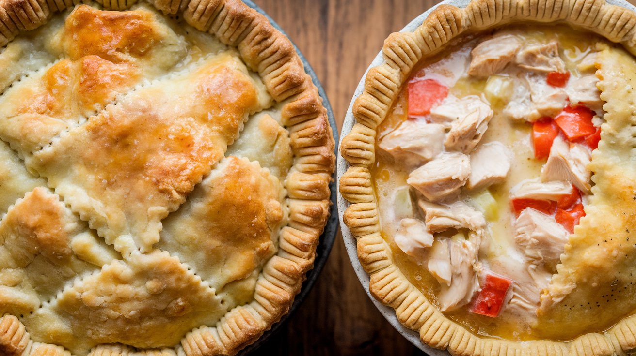 A side-by-side comparison of chicken pie and chicken pot pie showcasing their distinct crusts and fillings.