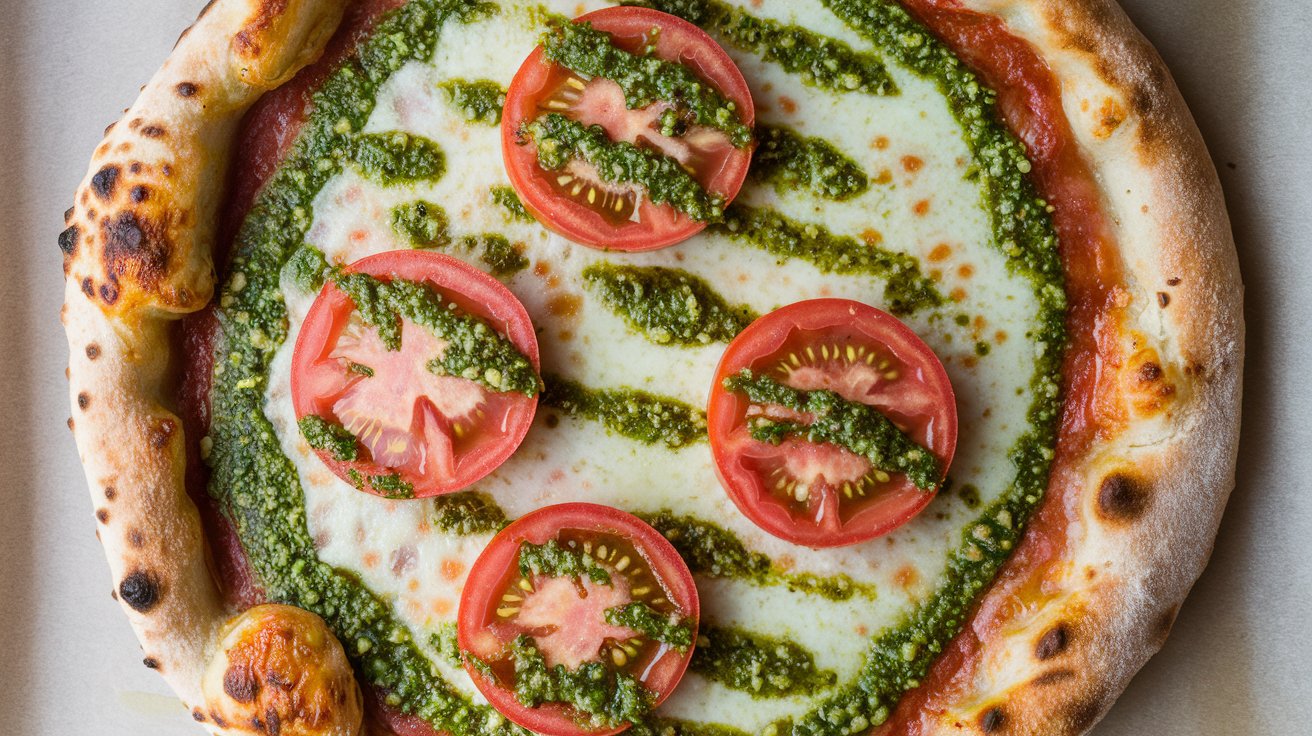 Pizza with fresh tomato sauce being spread on dough