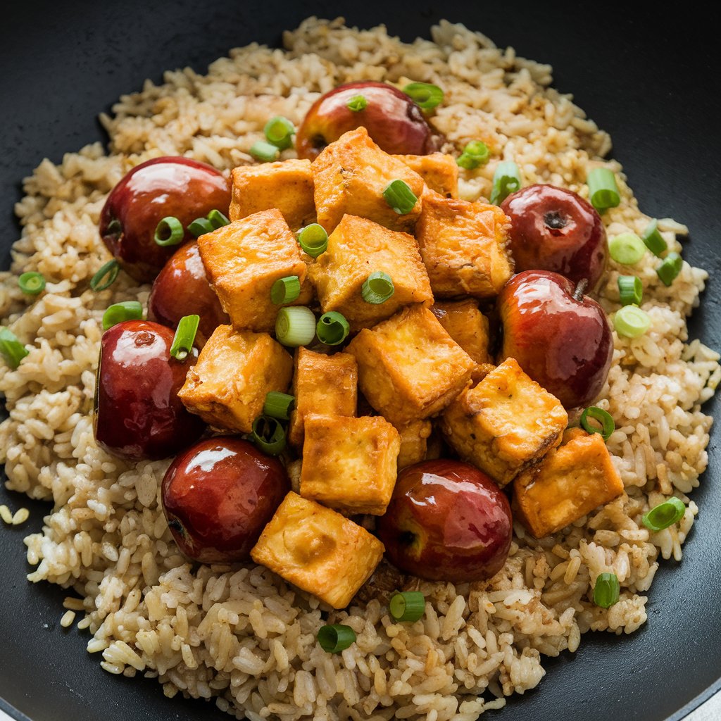 A plate of curry apple and deep-fried rice garnished with cilantro and lime wedges.