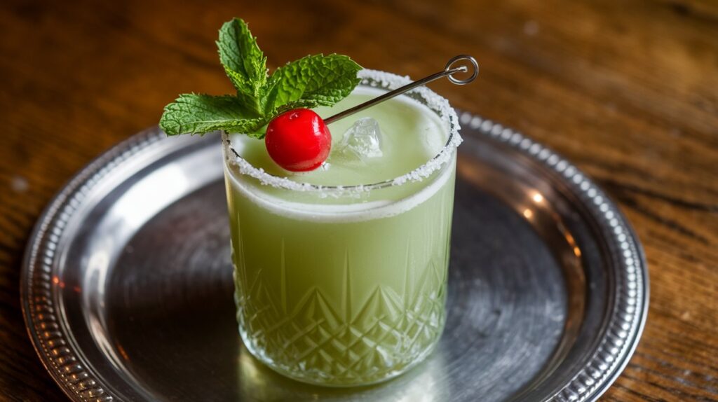 Vibrant Grasshopper drink with mint and chocolate garnishes