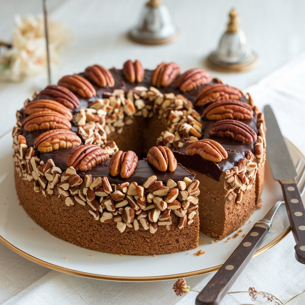 Moist German Chocolate Pecan Pound Cake with coconut-pecan frosting