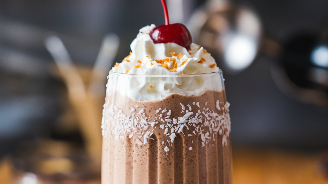 A delicious and creamy chocolate smoothie in a glass with bananas and cacao powder on the side.