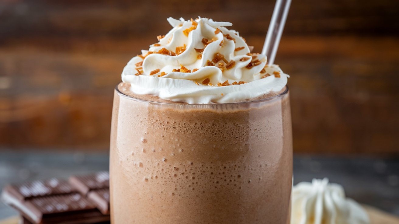 A glass of creamy German chocolate smoothie topped with coconut flakes and pecans.