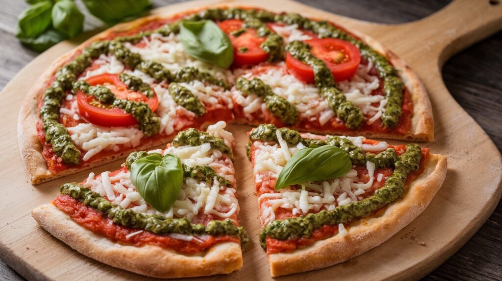 Crispy homemade tomato pizza topped with roasted Roma tomatoes and fresh basil leaves