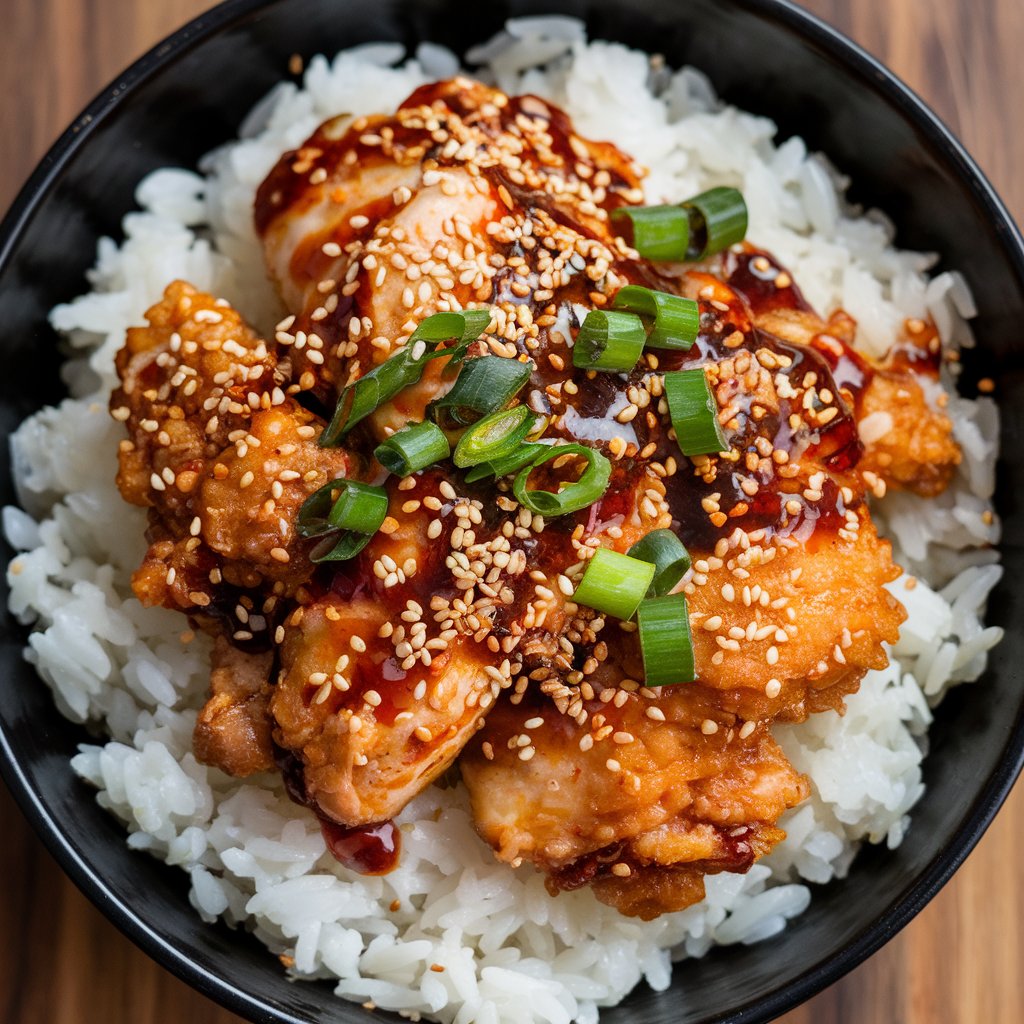 A plate of Korean fried chicken served with traditional side dishes like kimchi and pickled radishes.