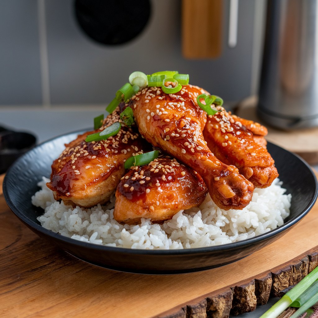 Bowl of rice recipe with Korean chicken topped with fresh herbs.