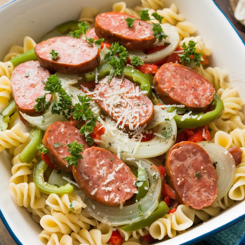 A creamy bowl of leftover brat recipe pasta garnished with fresh herbs and cheese.