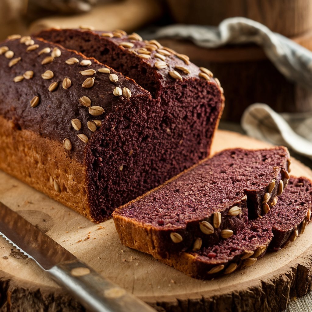 Sliced buckwheat bread on a wooden board, showing its dense texture and earthy flavor.