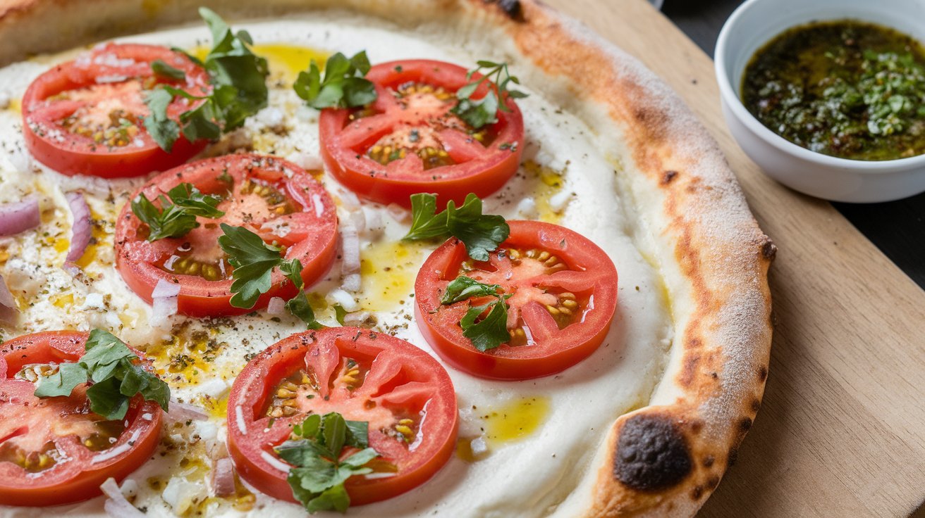 A freshly baked chimichurri tomato pizza topped with juicy tomatoes and herbs