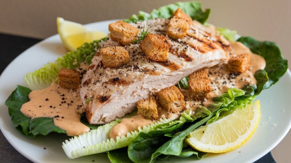 Healthy grilled chicken Caesar salad in a bowl