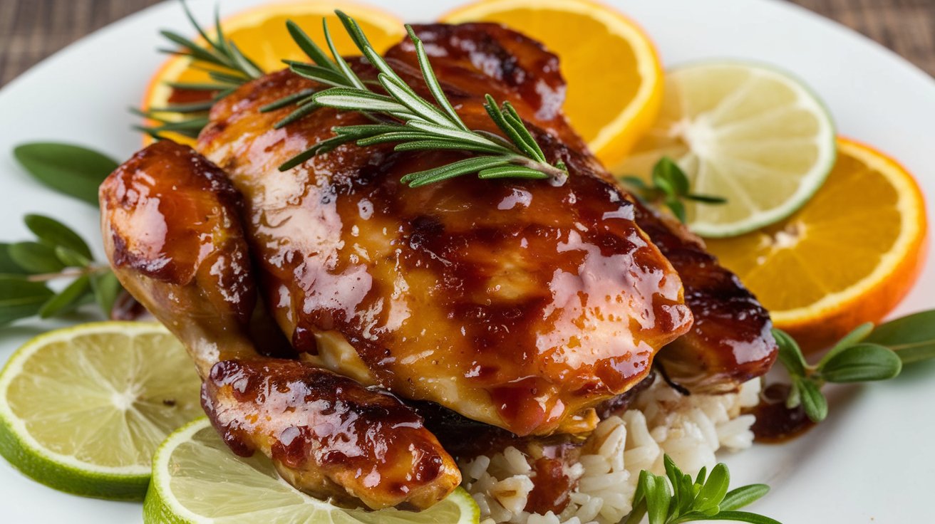 juicy BBQ chicken being basted on the grill