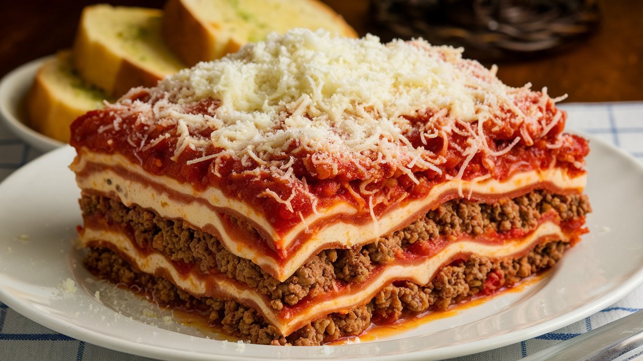 Lasagna covered with foil baking in the oven