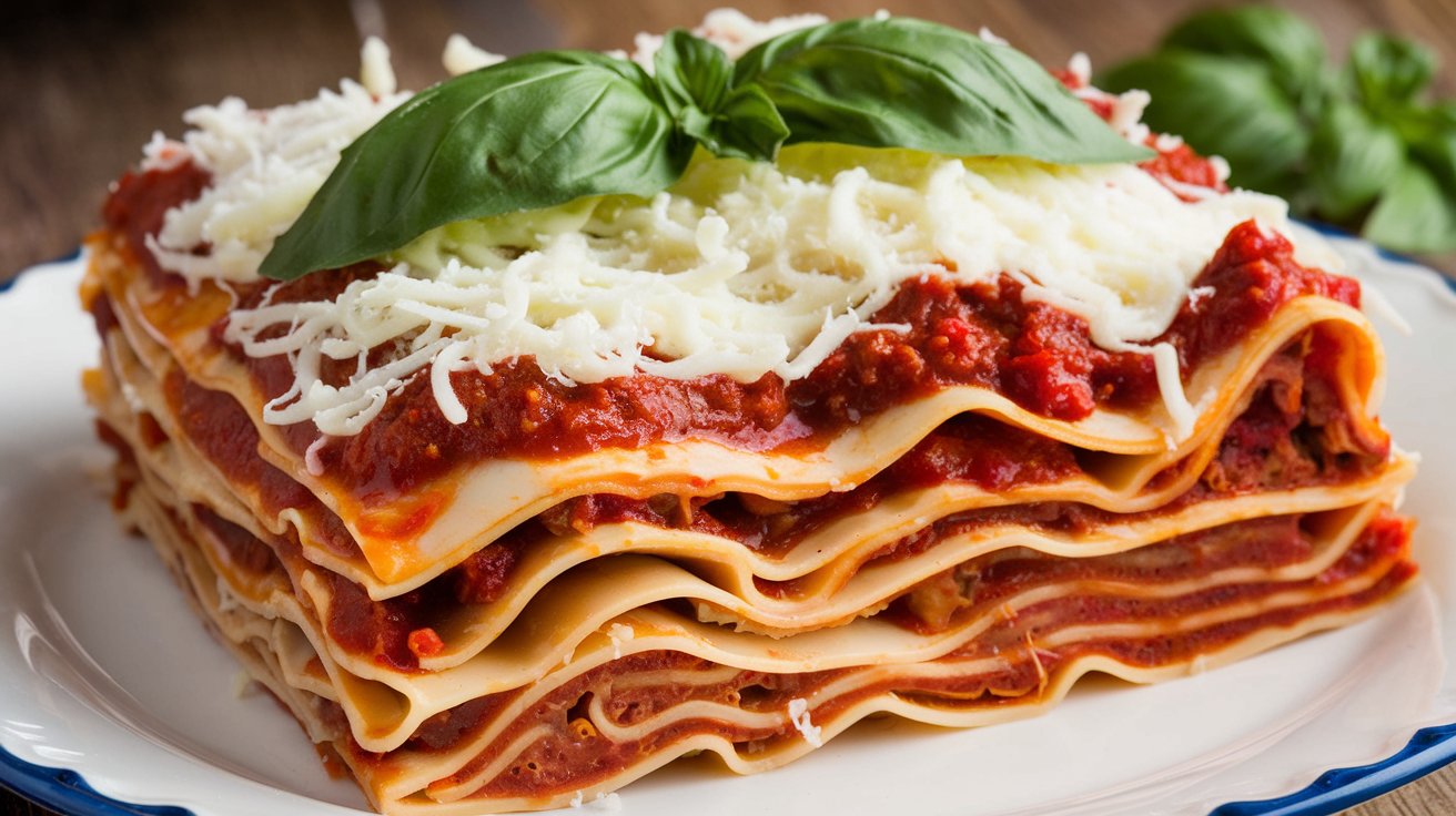 A deliciously layered San Giorgio lasagna with pasta, meat sauce, and melted cheese.