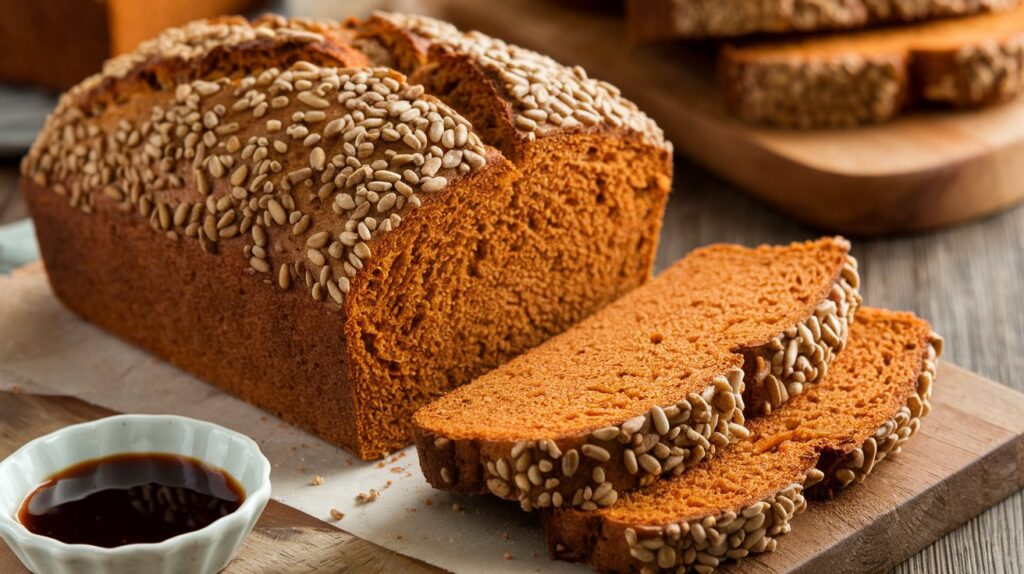 Loaf of seeded miso sweet potato bread with pumpkin seeds on top, sliced and ready to serve.