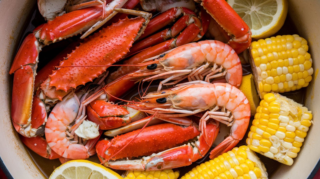 A rich, buttery seafood boil sauce served with shrimp, crab, and corn.