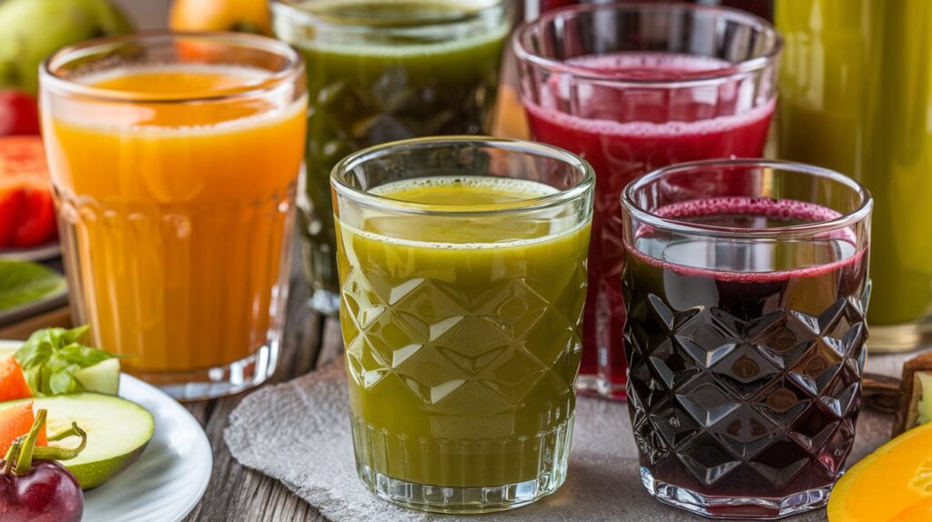 Cold-pressed juice in glass jars with fresh fruits and vegetables.