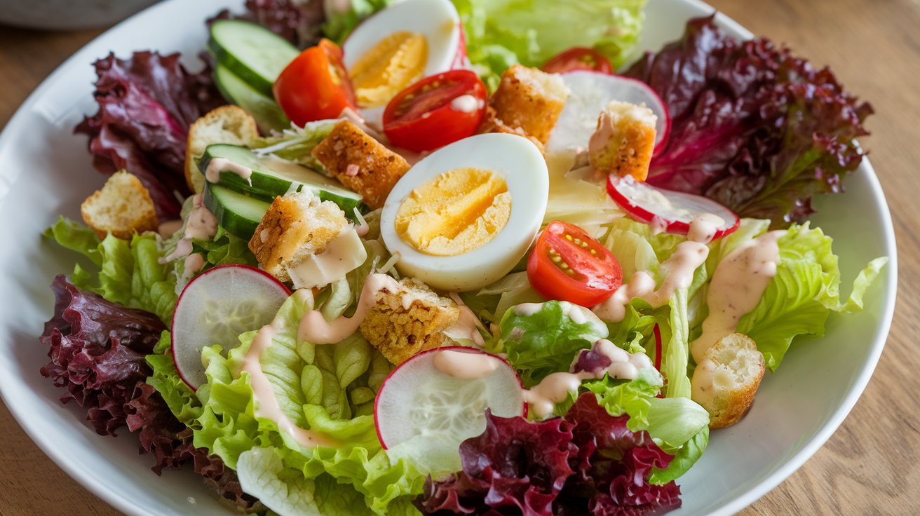 Bowl of fresh artisan lettuce salad with pomegranate and tomatoes