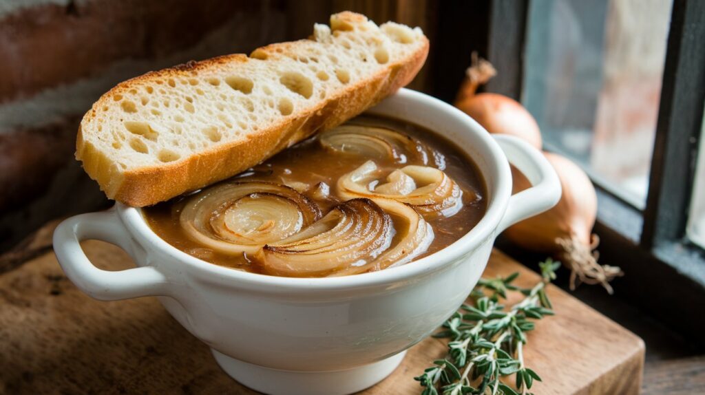 A delicious serving of French Onion Soup Rice in a casserole dish, topped with fresh herbs and melted cheese.