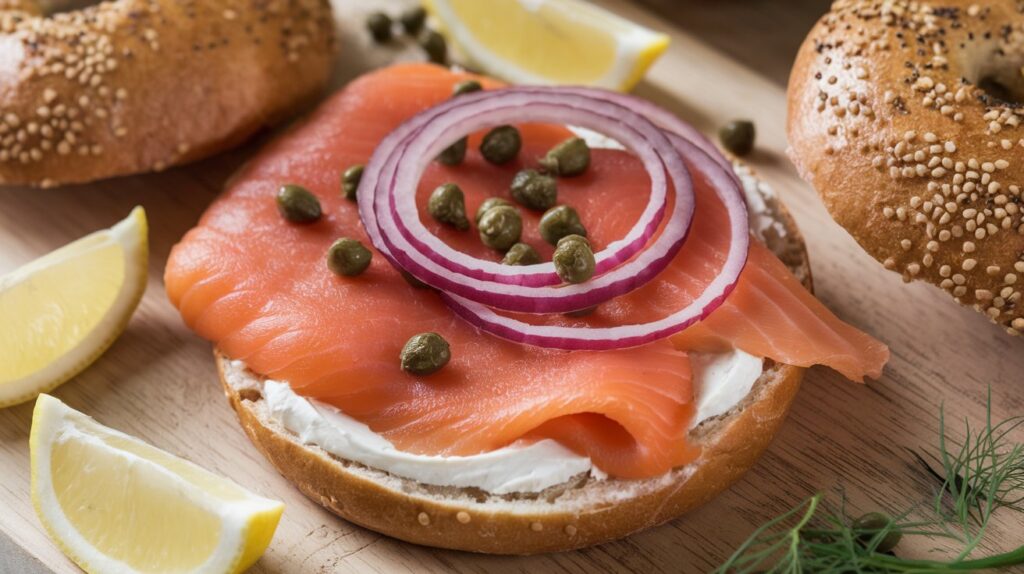 Smoked salmon served with bagels, cream cheese, and fresh vegetables