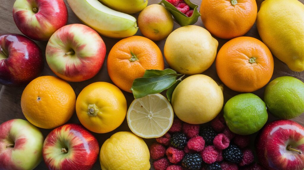 Fresh fruits for cold press juicer on a wooden table