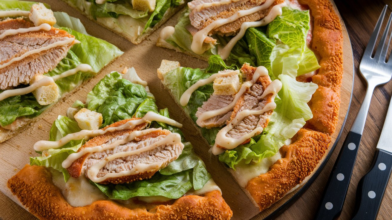 Chicken crust Caesar salad pizza with crispy chicken base and fresh Caesar salad topping