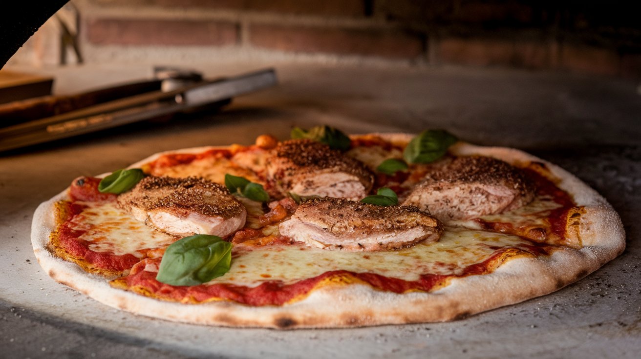 Raw chicken pieces on pizza before baking