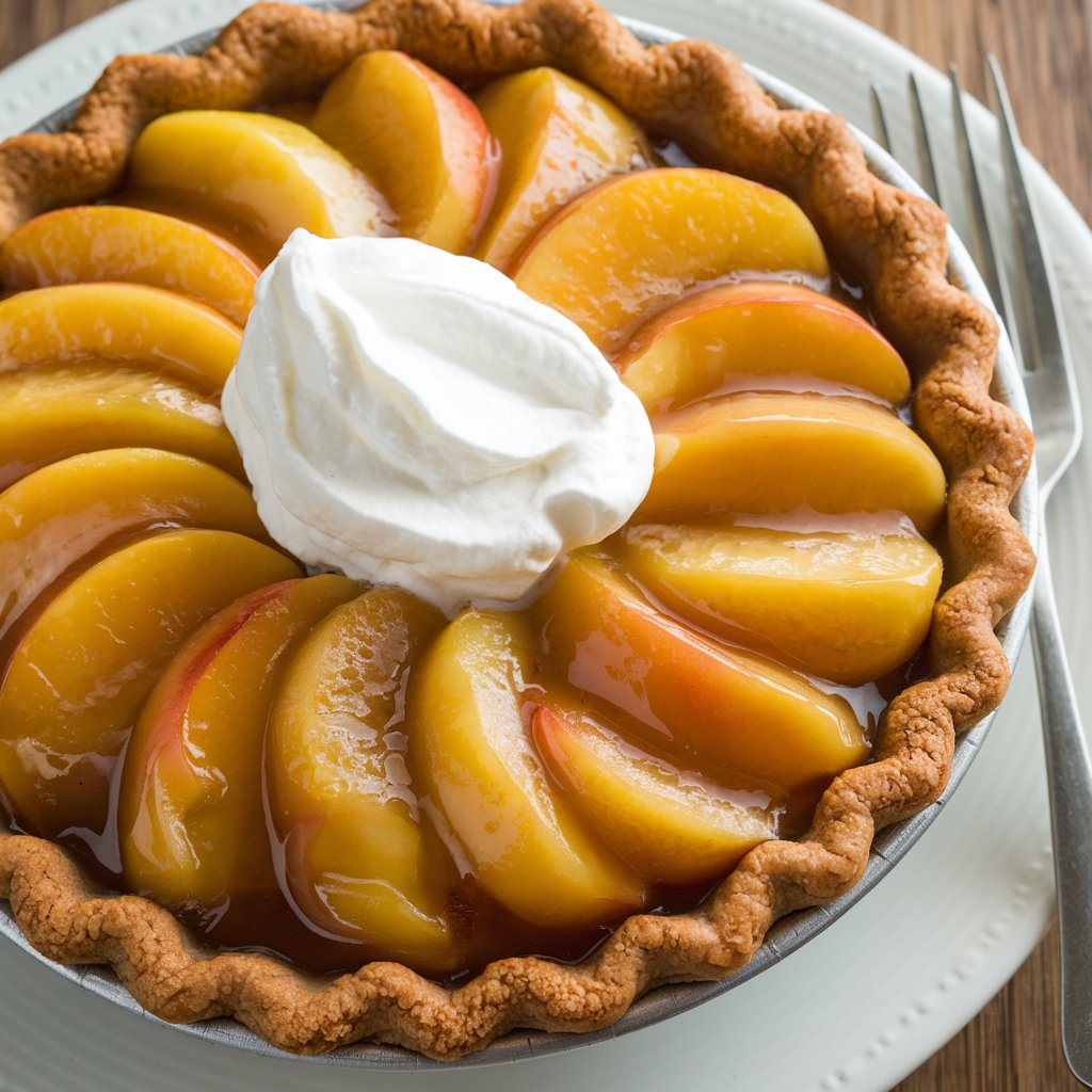 Homemade canned peach pie with golden crust