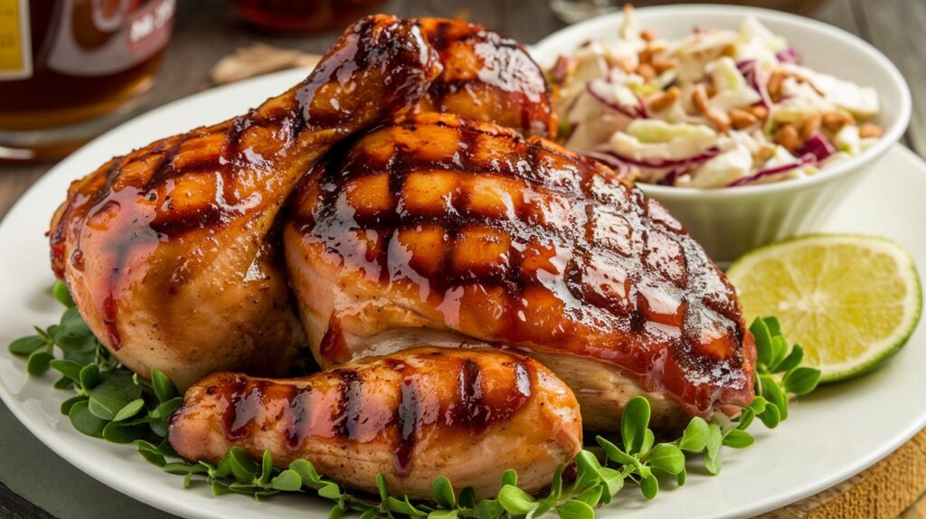 Honey bourbon barbecue chicken grilled to perfection with a caramelized glaze