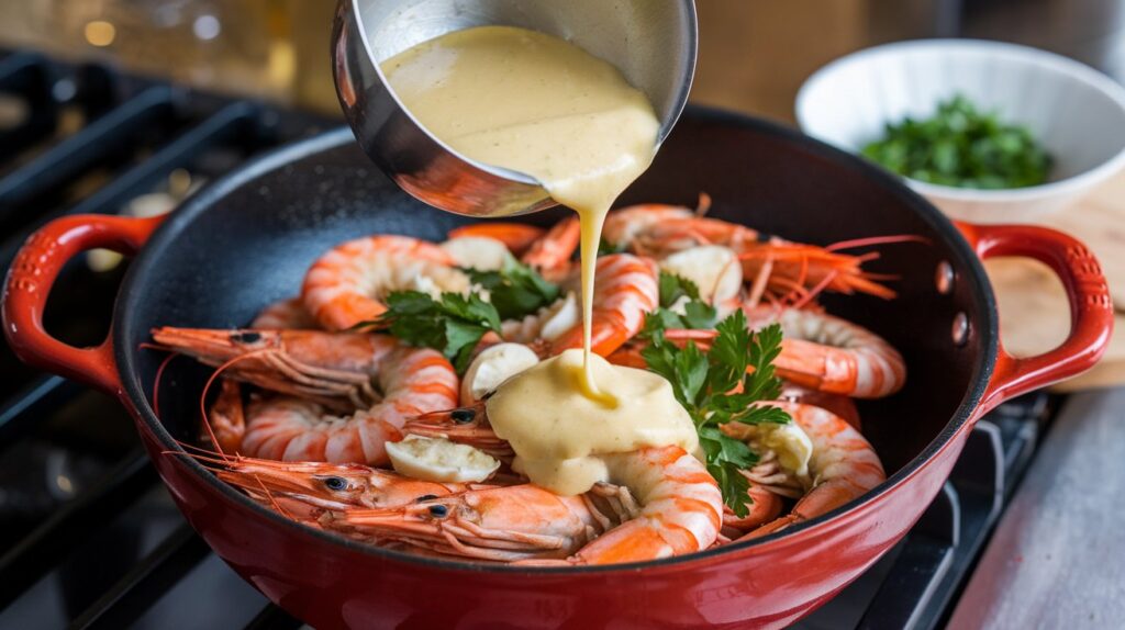 Seafood butter sauce with garlic, parsley, and shrimp