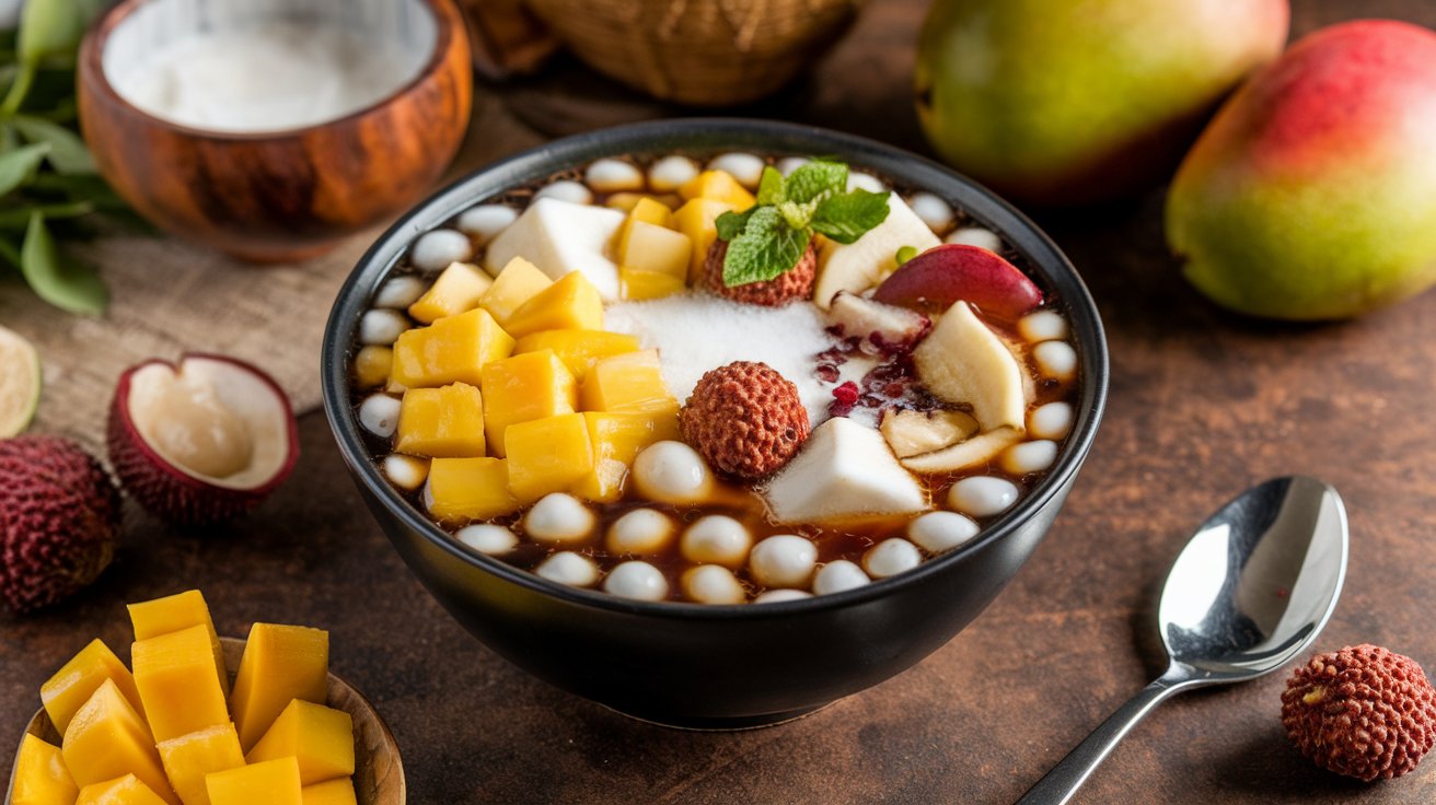 A bowl of Vietnamese Sweet Soup (Chè) with coconut milk and mung beans.